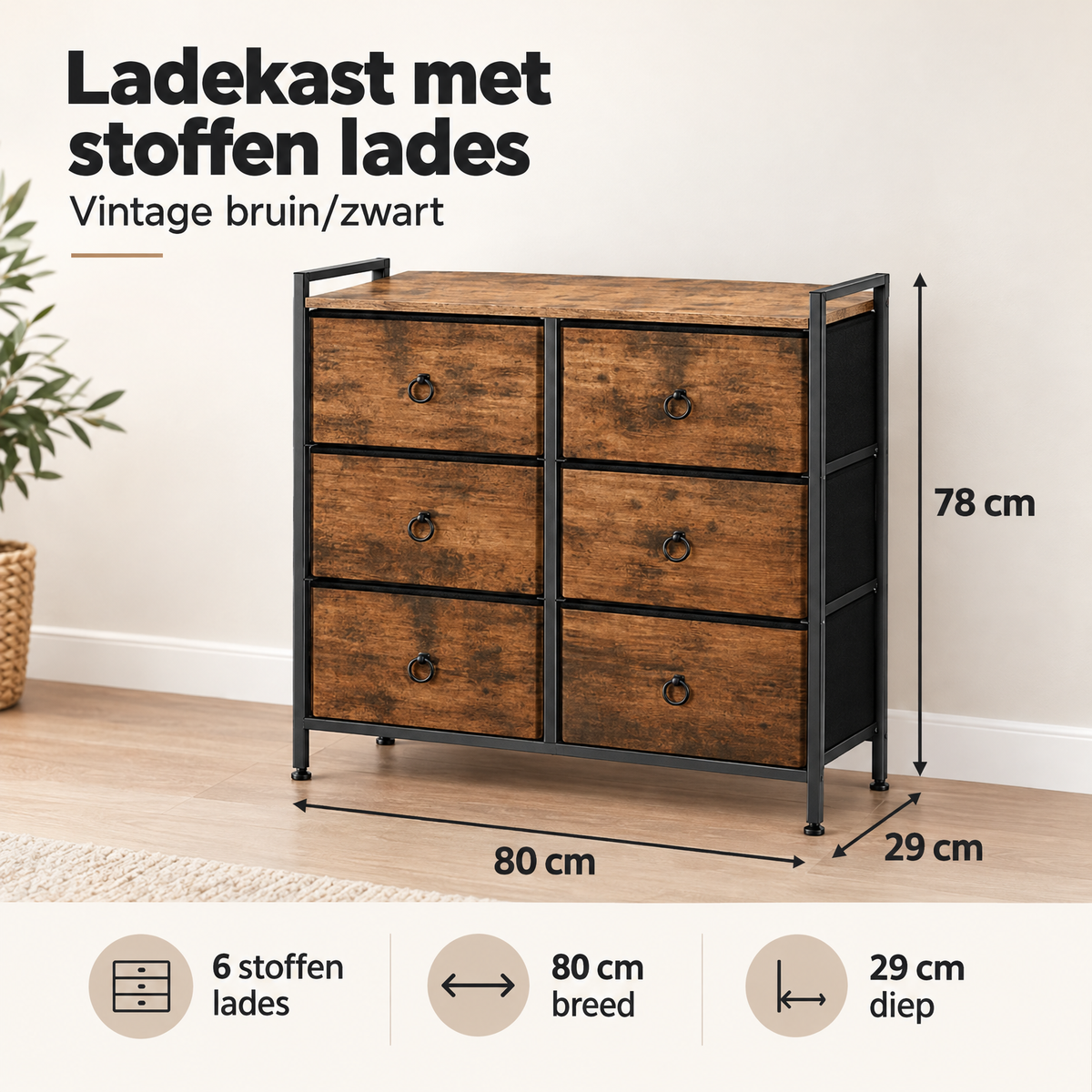 Afmetingen en productspecificaties van ladekast met stoffen lades