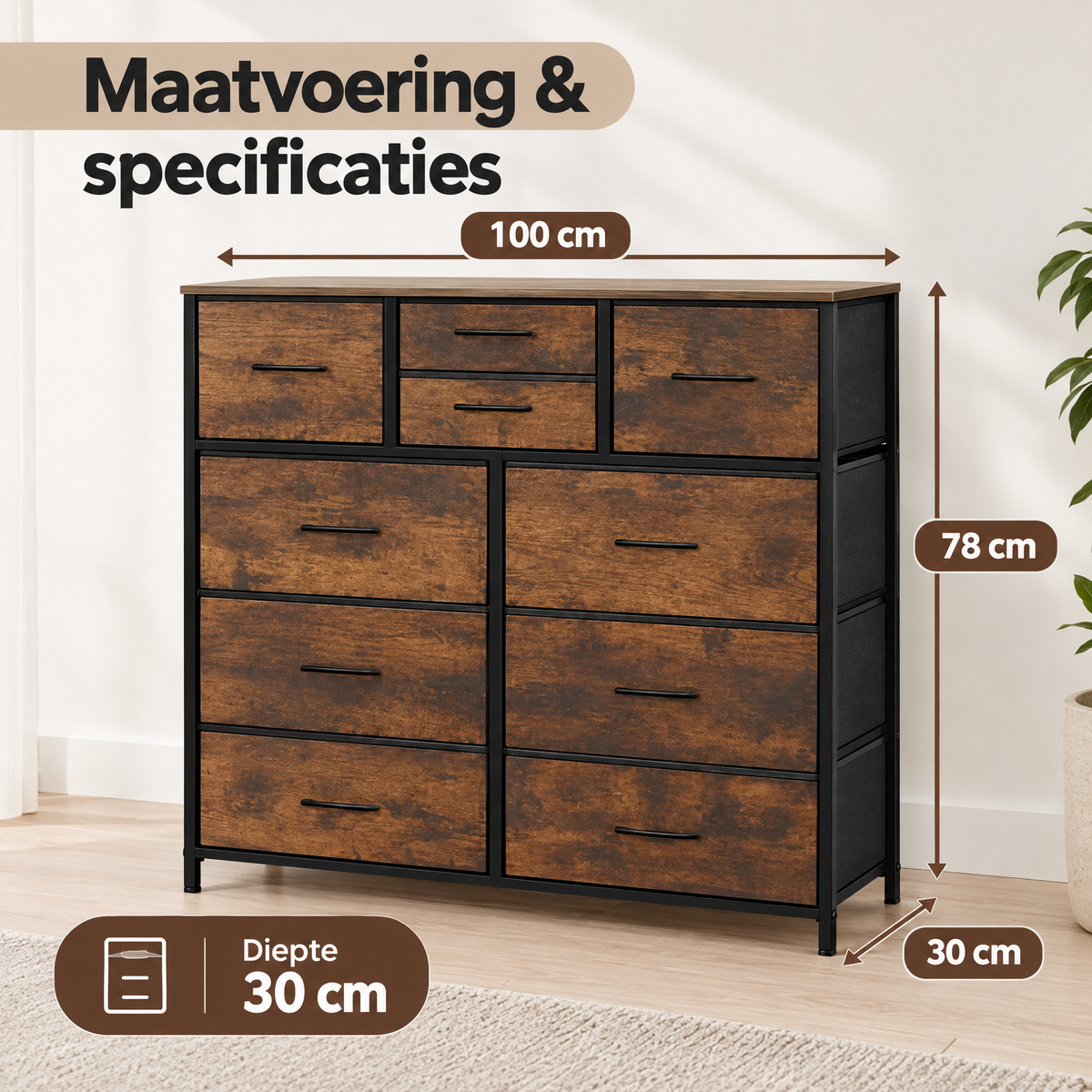 Afmetingen en productspecificaties van ladekast met stoffen lades
