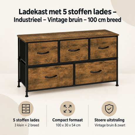 Industriele vintage bruin ladekast met 5 stoffen lades, 100 cm breed, van BukkitBow, overzicht van kernvoordelen