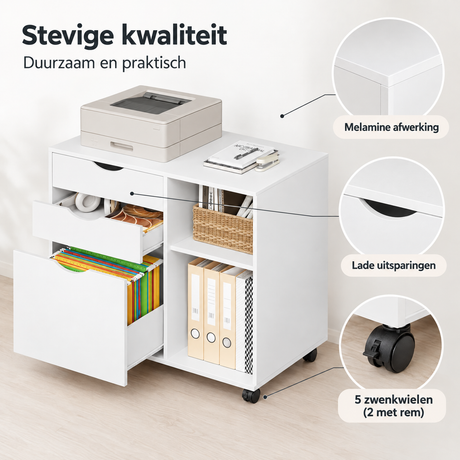 Detail van materiaal en afwerking van ladekast op wielen