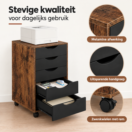 Detail van materiaal en afwerking van ladekast op wielen