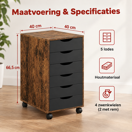 Afmetingen en productspecificaties van ladekast op wielen