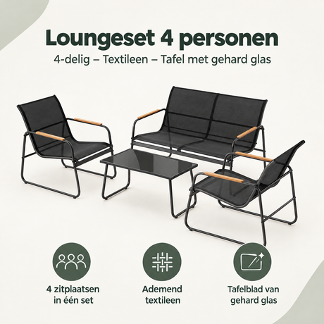 Overzicht van loungeset 4 personen met de belangrijkste productvoordelen