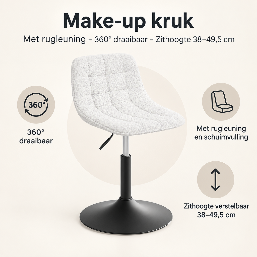 Overzicht van make-up kruk met de belangrijkste productvoordelen