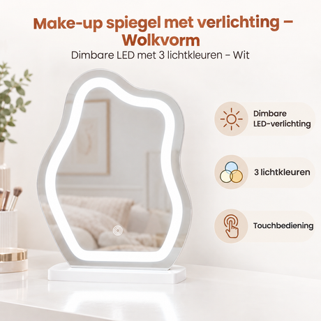Witte make-up spiegel met dimbare LED-verlichting en 3 lichtkleuren, ontworpen door BukkitBow, met wolkvormige spiegelrand.