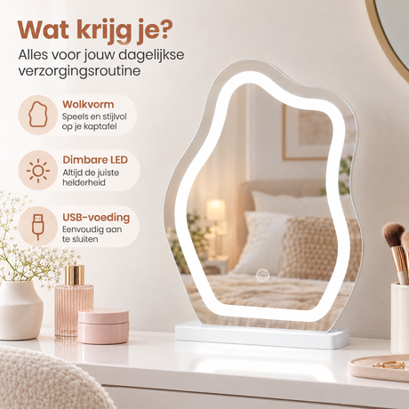 Witte make-up spiegel met dimbare LED-verlichting, drie lichtkleuren en handige verlichting, van BukkitBow.