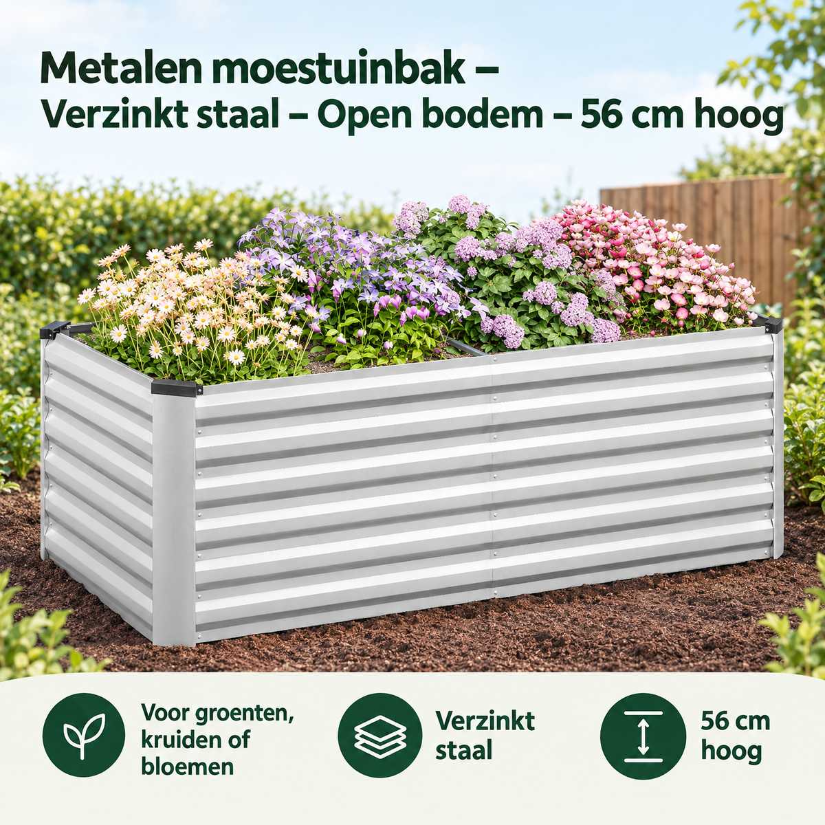 Metalen moestuinbak van verzinkt staal, open bodem, 56 cm hoog, door BukkitBow voor tuinieren en planten.