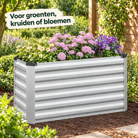 Verzinkte metalen moestuinbak van BukkitBow, open bodem, 56 cm hoog, geschikt voor tuinieren en groenteteelt.