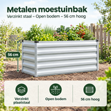 Metalen moestuinbak van verzinkt staal met open bodem en afmetingen, 56 cm hoog, geschikt voor tuinieren.