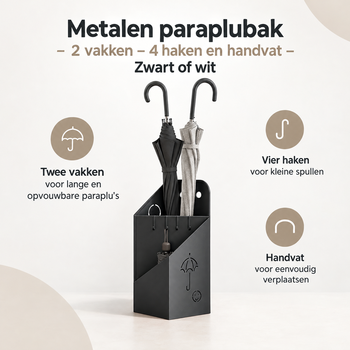 Overzicht van metalen paraplubak met de belangrijkste productvoordelen