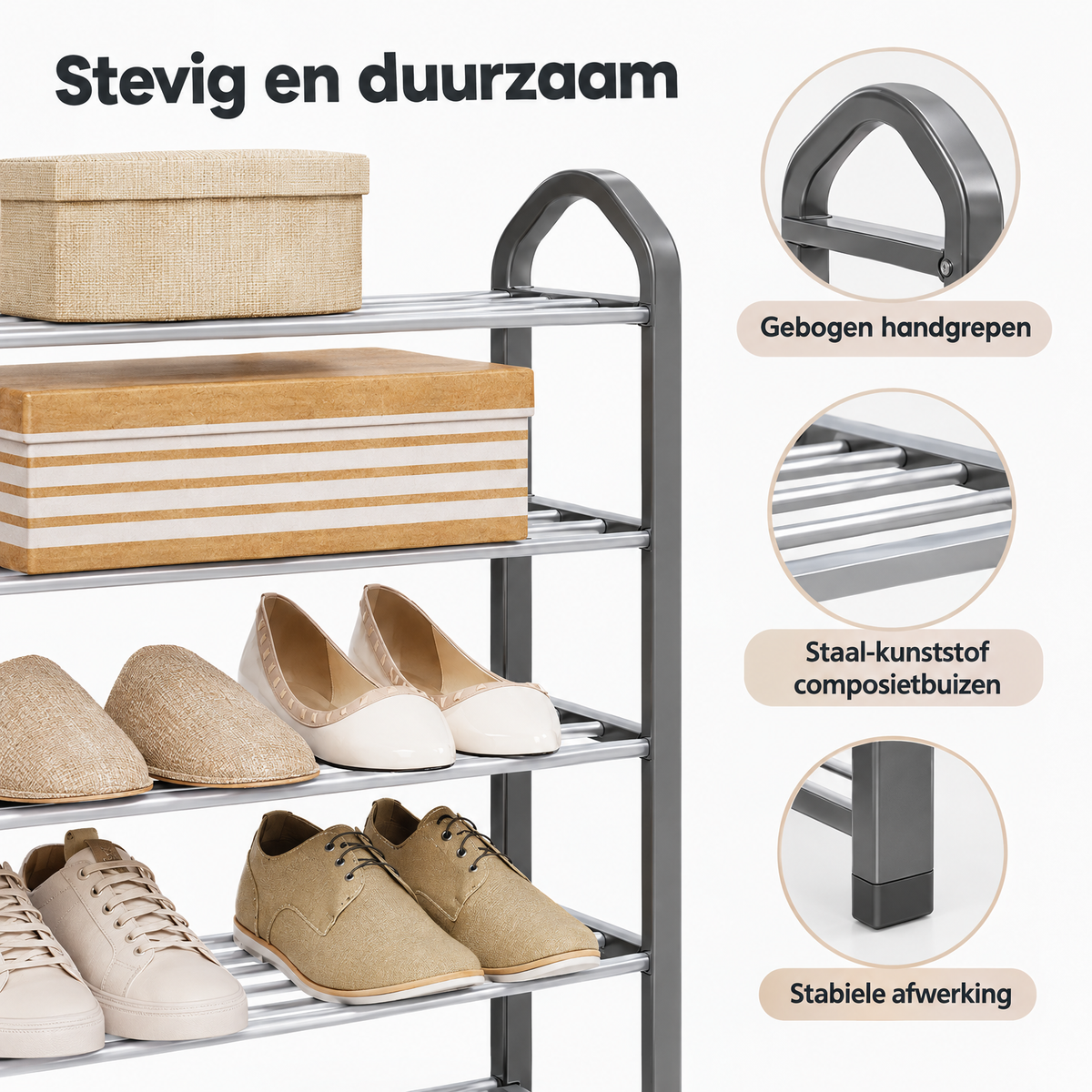Detail van materiaal en afwerking van metalen schoenenrek