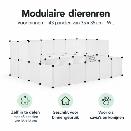 Modulaire dierenren van BukkitBow met 43 witte panelen van 35x35 cm, geschikt voor binnengebruik.