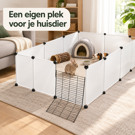Modulaire dierenren van BukkitBow, wit, binnengebruik, bestaat uit 43 panelen van 35x35 cm voor huisdieren.