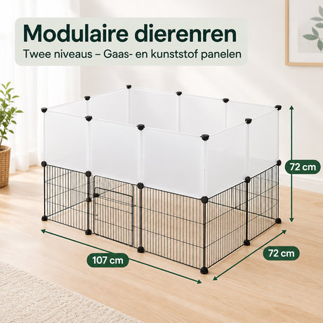 Modulaire dierenren van BukkitBow met gaas- en kunststofpanelen, twee niveaus, afmetingen 107x72x72 cm, geschikt voor huisdieren.