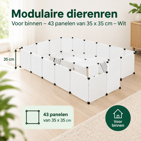 Witte modulaire dierenren van BukkitBow met 43 panelen van 35x35 cm, geschikt voor binnengebruik.