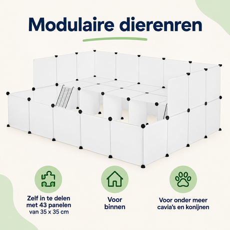 Modulaire dierenren van BukkitBow, wit, met 43 panelen van 35x35 cm, geschikt voor binnen, overzicht van kernvoordelen.