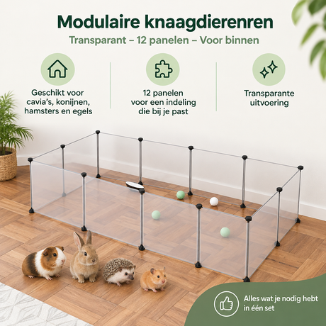 Transparante modulaire knaagdierenren van BukkitBow met 12 panelen, ideaal voor binnen en flexibel in opstelling.