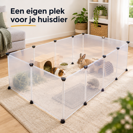 Transparante modulaire knaagdierenren van BukkitBow met 12 panelen, geschikt voor binnengebruik en gemakkelijk te aanpassen.
