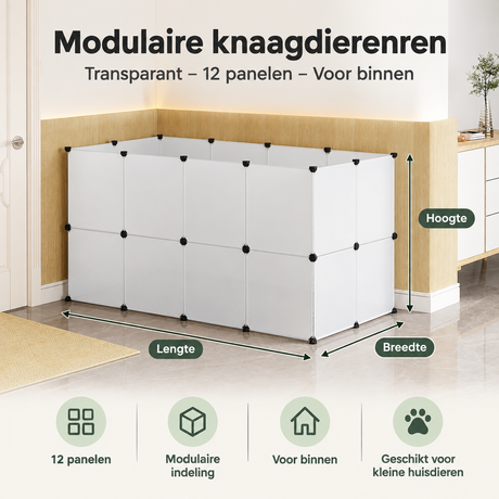 Transparante modulaire knaagdierenren van BukkitBow met 12 panelen, ideaal voor binnengebruik en eenvoudige aanpassing.