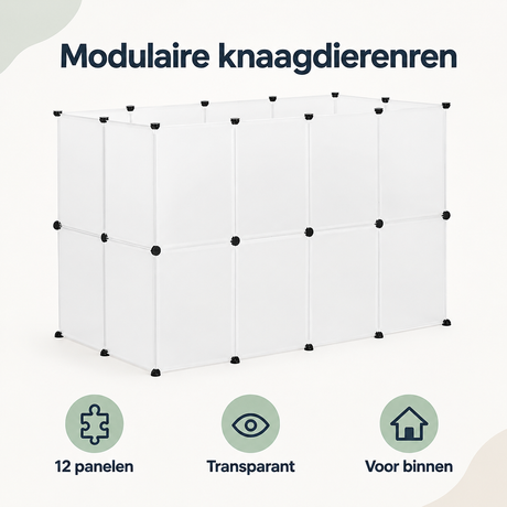 Transparante modulaire knaagdierenren van BukkitBow met 12 panelen voor binnen, overzicht van kernvoordelen op afbeelding.