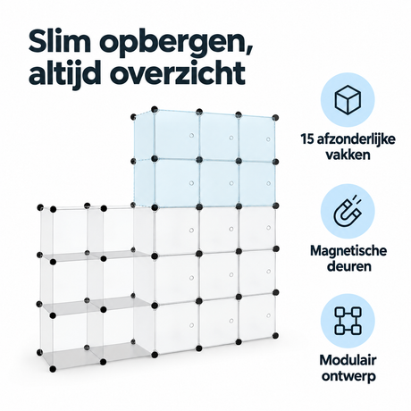 Modulaire opbergkast van BukkitBow met 15 vakken, witte kunststof afwerking en magnetische deuren, ideaal voor organisatie