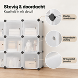 Witte modulaire opbergkast van BukkitBow met 15 vakken en magnetische kunststofdeuren, geschikt voor organisatie en opslag.