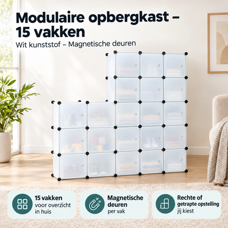 Witte modulaire opbergkast van BukkitBow met 15 vakken en magnetische deuren, gemaakt van kunststof, ideaal voor georganiseerde opslag.