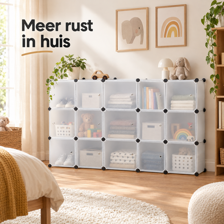 Modulaire opbergkast van BukkitBow met 15 vakken, witte kunststof kast met magnetische deuren voor veelzijdige opbergruimte