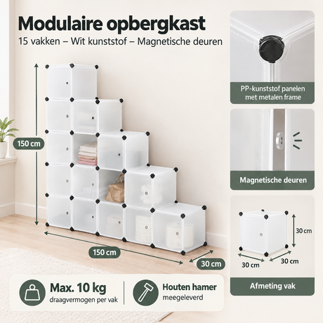 Modulaire opbergkast van BukkitBow met 15 vakken, witte kunststof afwerking en magnetische deuren, geschikt voor organisatie.