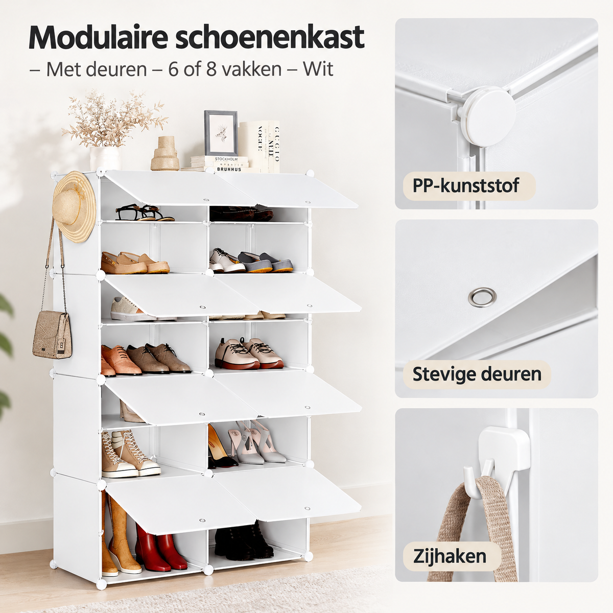 Detail van materiaal en afwerking van modulaire schoenenkast