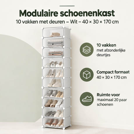 Overzicht van modulaire schoenenkast met de belangrijkste productvoordelen