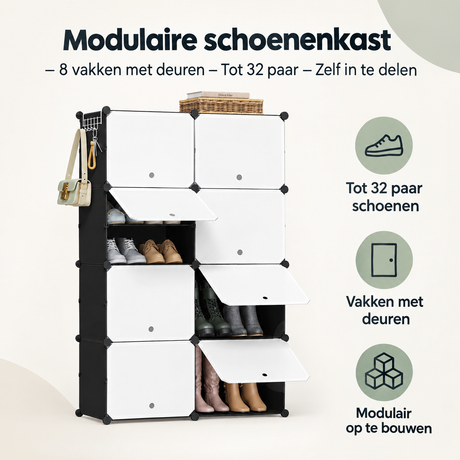 Overzicht van modulaire schoenenkast met de belangrijkste productvoordelen