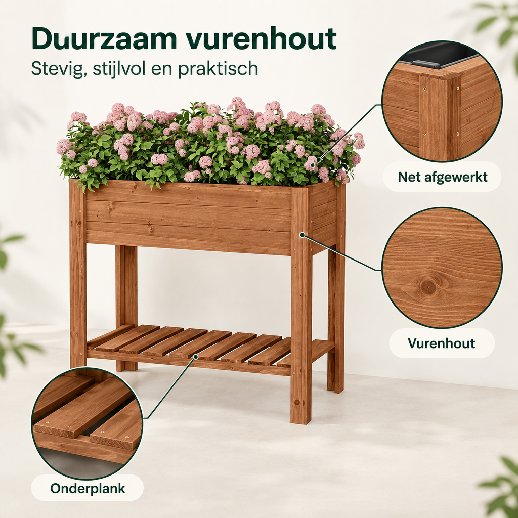 Detail van materiaal en afwerking van moestuinbak op poten