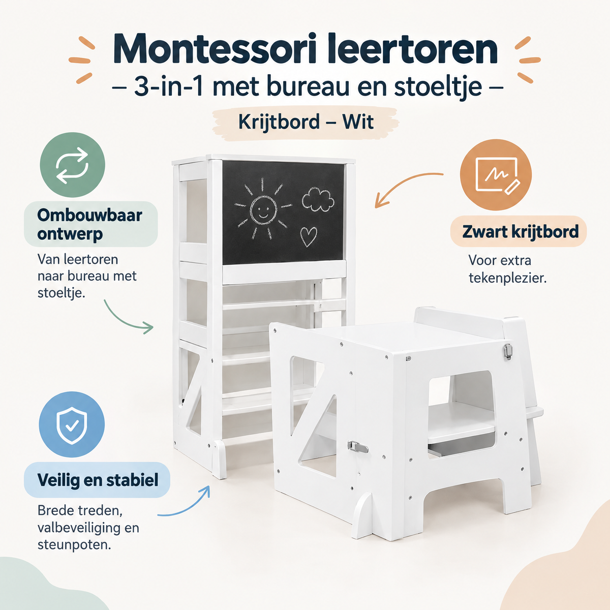 Witte Montessori leertoren van BukkitBow met bureau, stoeltje en krijtbord, geschikt voor jonge kinderen en ontwikkelingsspel.