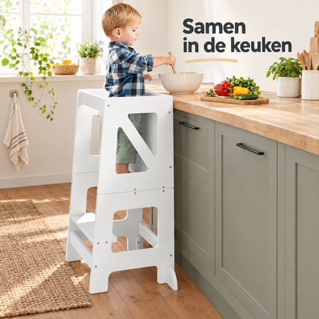 Montessori leertoren van BukkitBow met bureau, stoeltje en krijtbord, wit, geschikt voor kinderen om veilig te leren en spelen.