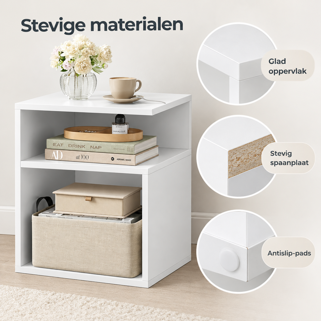 Detail van materiaal en afwerking van nachtkastje met 2 open vakken