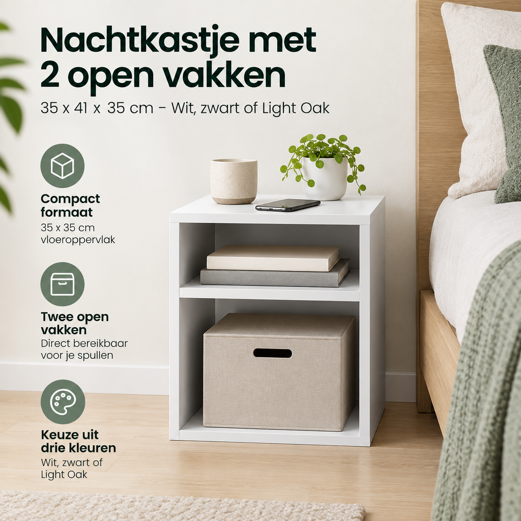 Praktische toepassing en keuzehulp voor nachtkastje met 2 open vakken