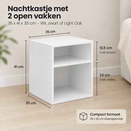 Wit nachtkastje met 2 open vakken van BukkitBow, afmetingen 35x41x35 cm, modern design met zwart of Light Oak finish