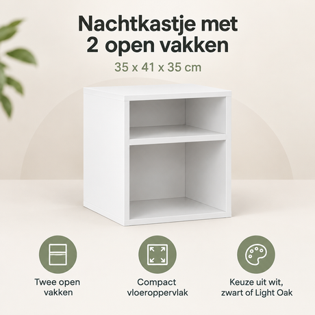 Nachtkastje met 2 open vakken van BukkitBow, 35x41x35 cm, in wit, zwart of Light Oak, zichtbaar met moderne uitstraling