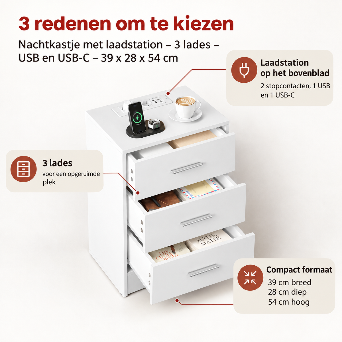 Nachtkastje met laadstation, 3 lades, USB en USB-C, zwart hout, afmetingen 39x28x54 cm, van BukkitBow