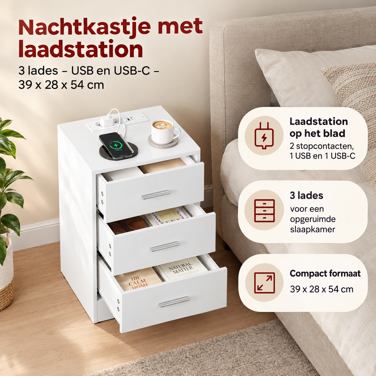 Nachtkastje BukkitBow met 3 lades, USB en USB-C laadstations, afmetingen 39x28x54 cm, praktisch en functioneel ontwerp.