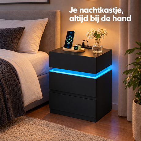 Nachtkastje van BukkitBow met laadstation, RGB LED-verlichting, twee laden en klepvak, zichtbaar in een gezellige slaapkamer.