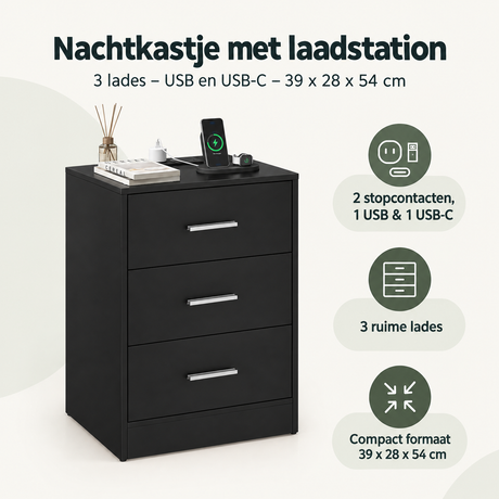 BukkitBow nachtkastje met 3 laden, USB en USB-C laadstations, overzicht van kernvoordelen, afmetingen 39x28x54 cm