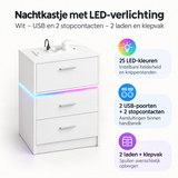 Wit BukkitBow nachtkastje met LED-verlichting, USB-poorten, 2 stopcontacten, ladevak en klepvak voor praktische opbergruimte