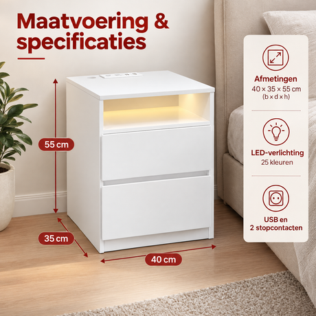 Wit BukkitBow nachtkastje met LED-verlichting, USB-poort, 2 stopcontacten en klepvak voor op slaapkamer.