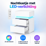 Wit nachtkastje van BukkitBow met LED-verlichting, USB-poort, 2 stopcontacten, 2 laden en klepvak voor op slaapkamer