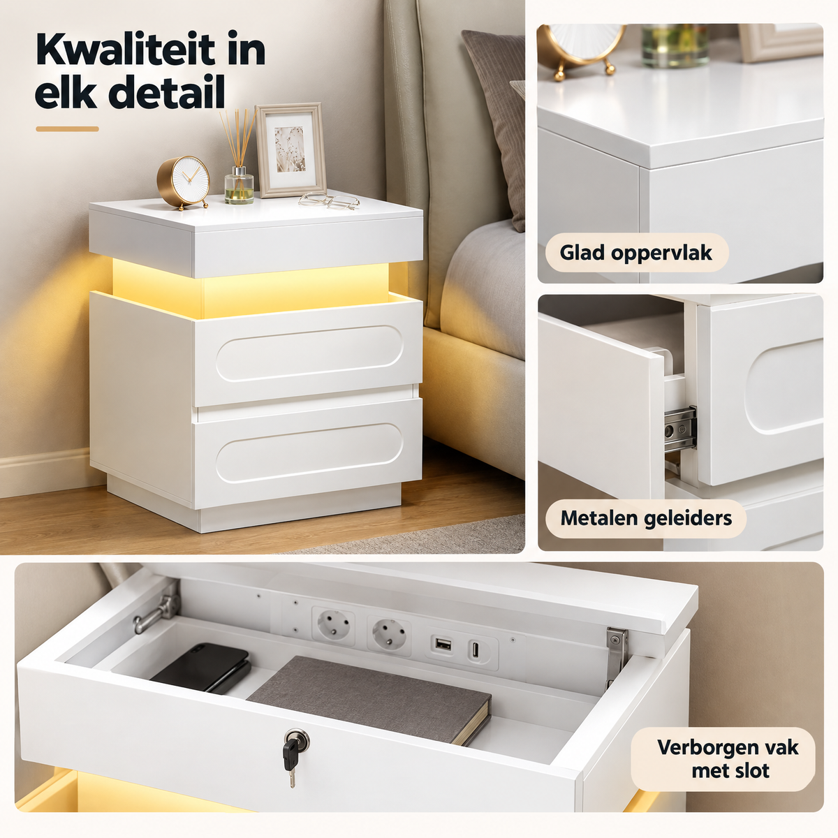 Nachtkastje van BukkitBow met ledverlichting, afsluitbaar vak en laadstation, zichtbaar in close-up van het materiaal.