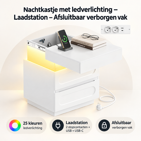 Nachtkastje van BukkitBow met LED-verlichting, laadstation en afsluitbaar vak, ideaal voor in de slaapkamer.