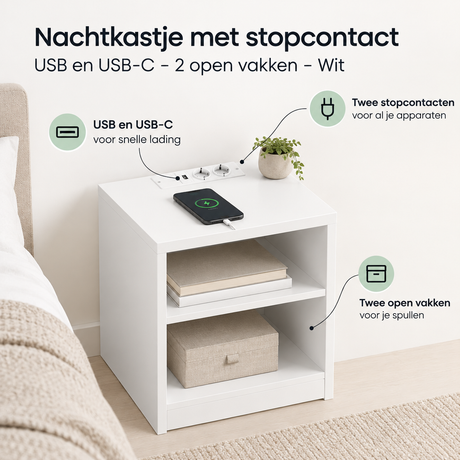 Wit nachtkastje van BukkitBow met stopcontact, USB en USB-C, twee open vakken voor opbergruimte.
