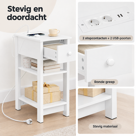 Detail van materiaal en afwerking van nachtkastje met stopcontact